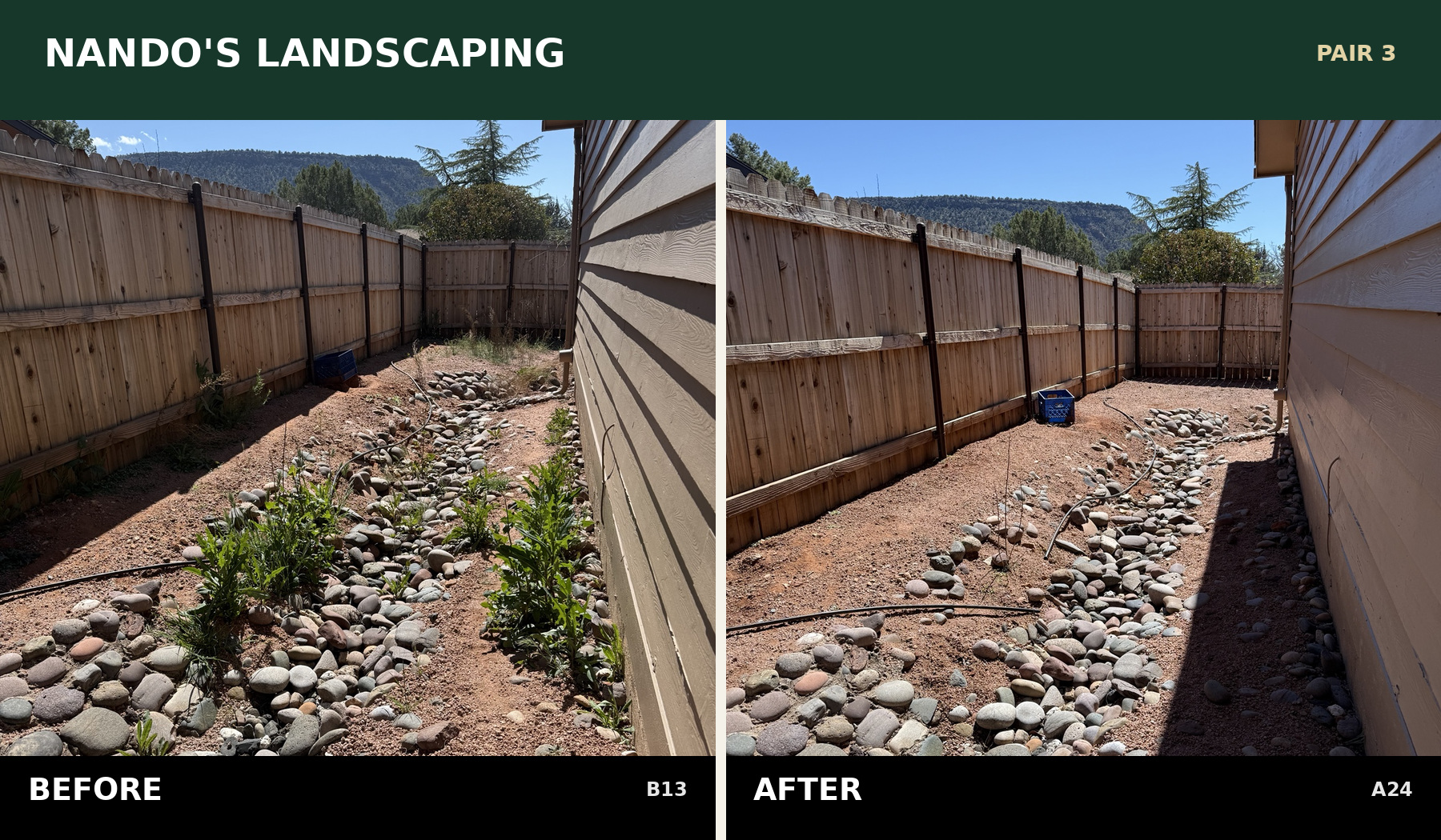 Pair 3: B13 before weed removal and A24 after cleanup along a rock drainage bed